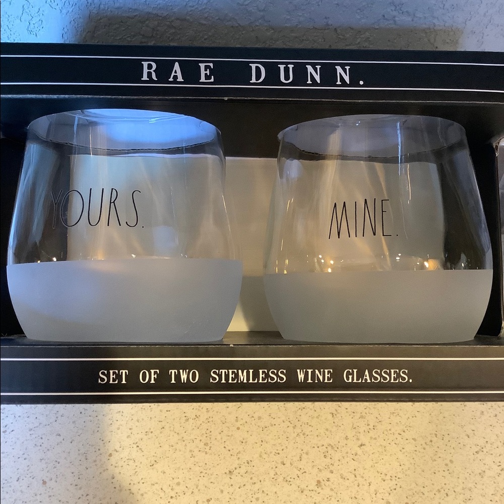 COPY - NWT Rae Dunn stemless wine glasses. “Yours/Mine.